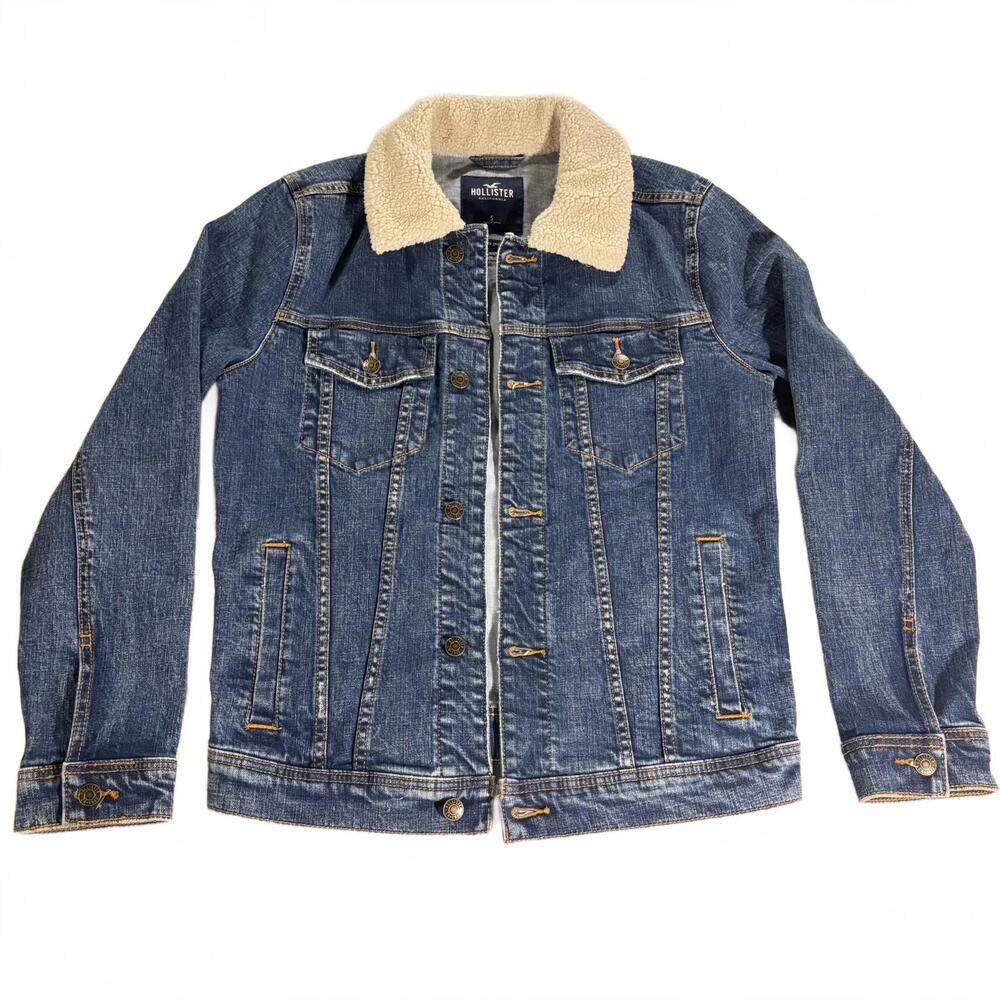 Hollister Y2K Jean Jacket Men's Small Epic Flex Denim Sherpa‎ Collar Dark Wash